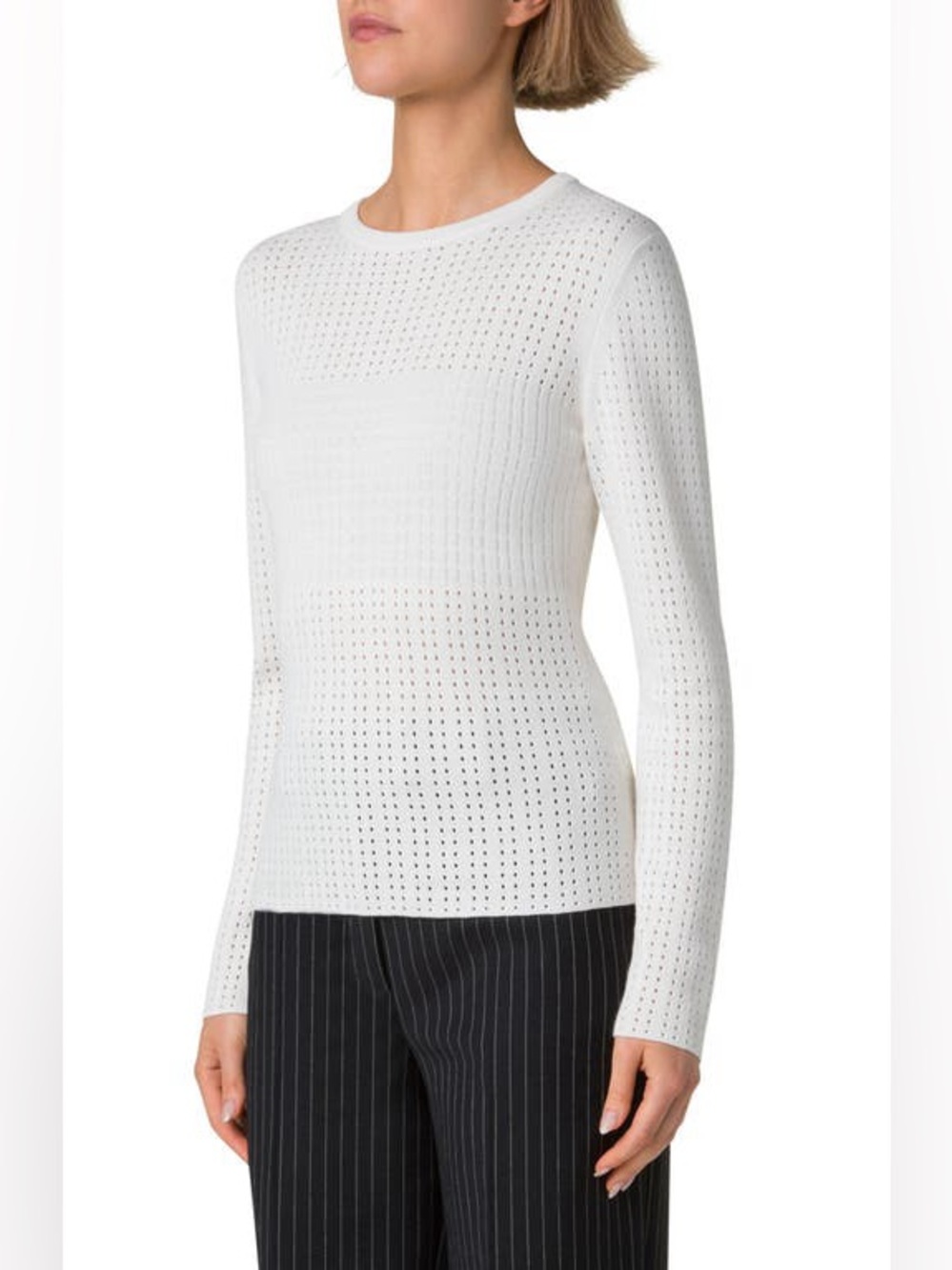 Akris Silk and Cotton Pointelle Stitch Sweater Long Sleeve in Off White
